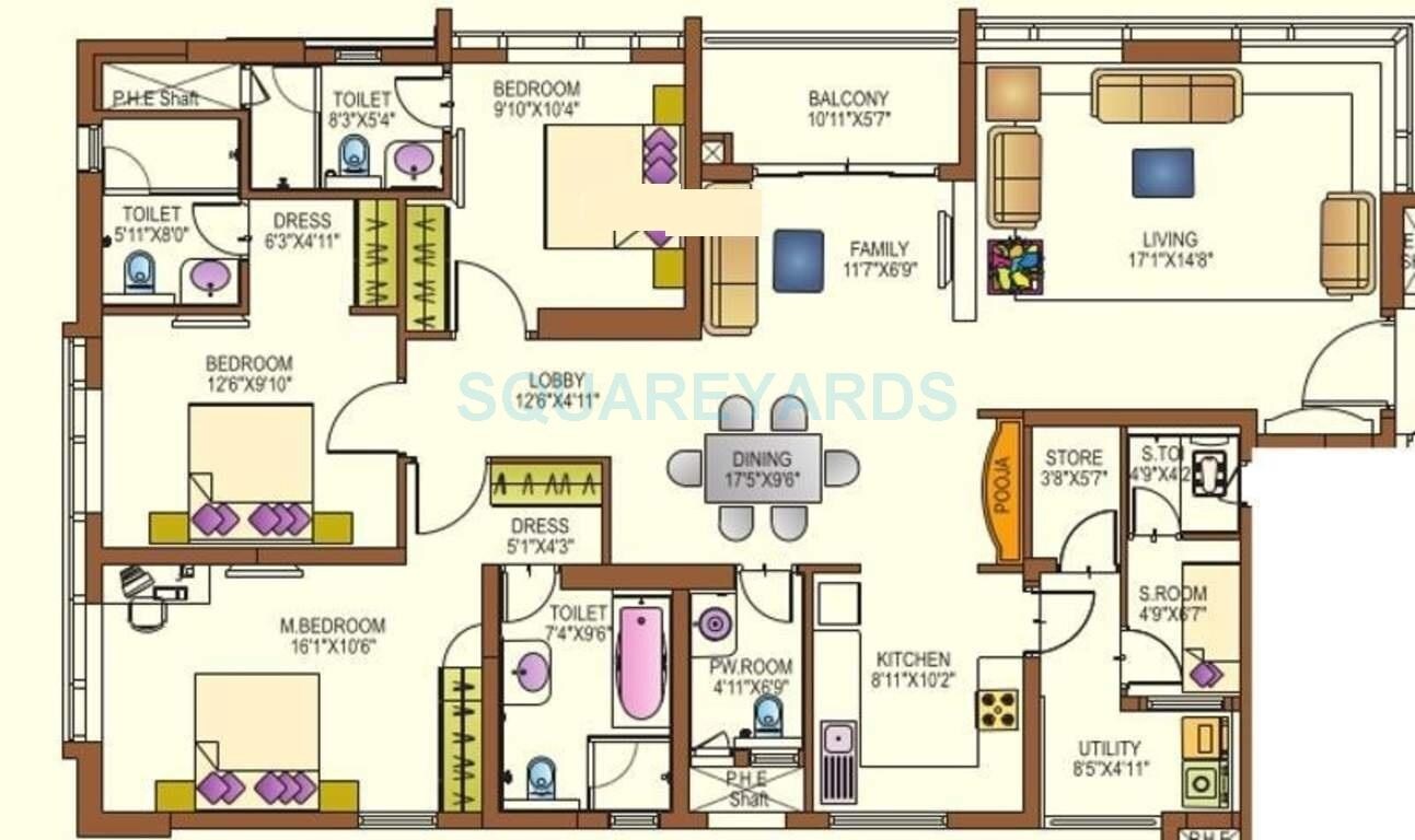 Floor plan of 3 BHK 2262 Sq. Ft. Apartment in Lanco Hills Apartments, Hyderabad
