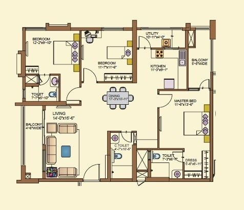 Floor plan of 3 BHK 2765 Sq. Ft. Apartment in Lanco Hills Apartments, Hyderabad