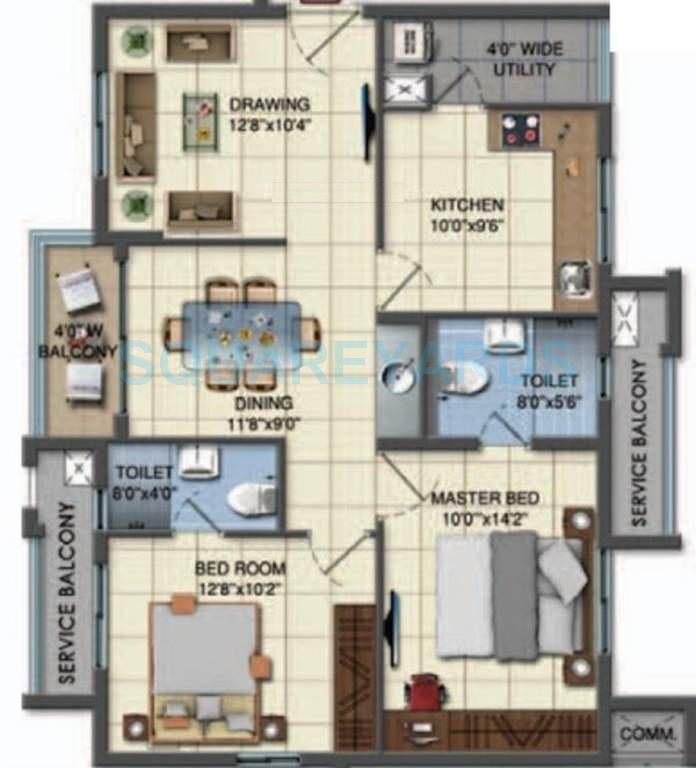 Floor plan of 2 BHK 1195 Sq. Ft. Apartment in Lanco Infrastructure Domina Condominiums, Hyderabad