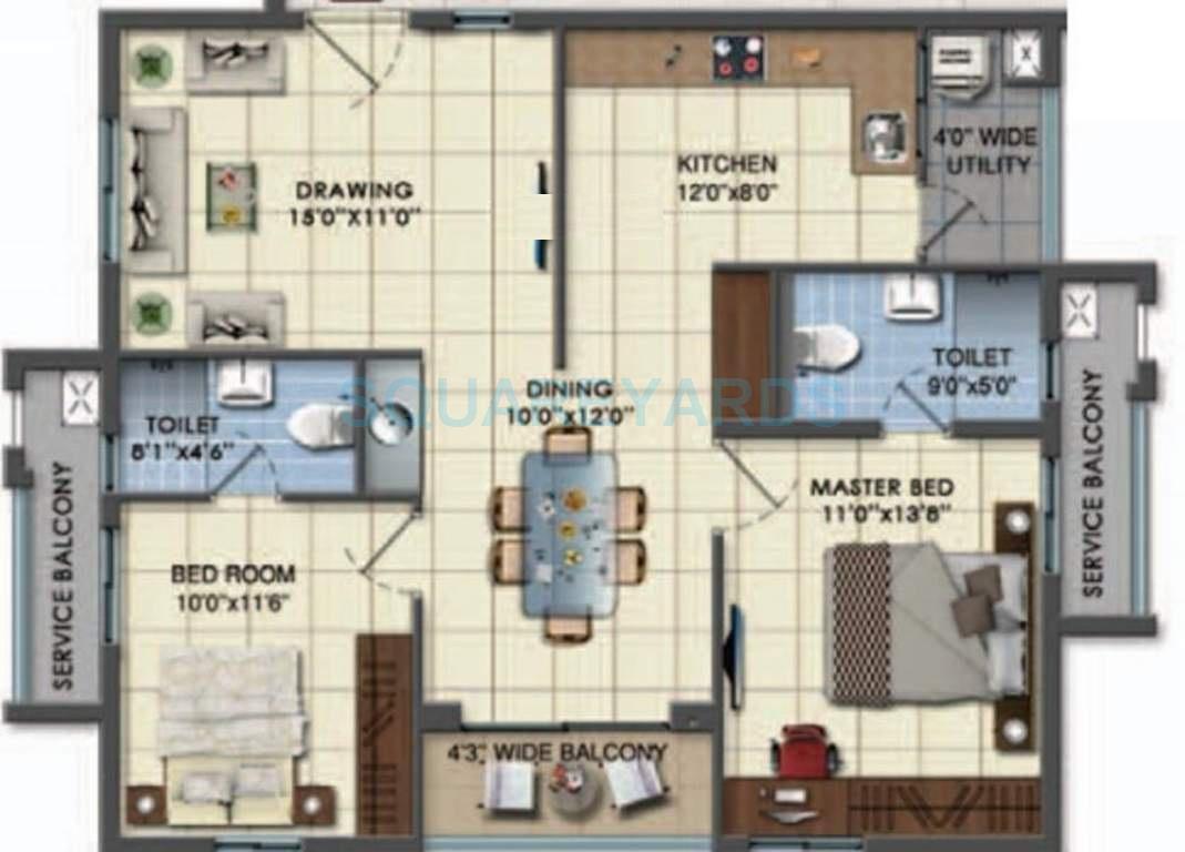 Floor plan of 2 BHK 1270 Sq. Ft. Apartment in Lanco Infrastructure Domina Condominiums, Hyderabad