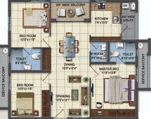 Floor plan of 3 BHK 1380 Sq. Ft. Apartment in Lanco Infrastructure Domina Condominiums, Hyderabad