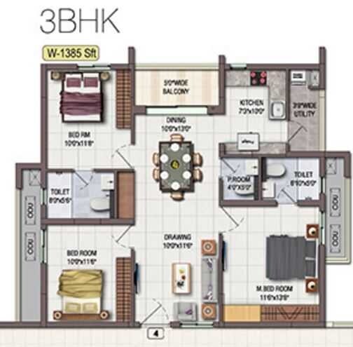 Floor plan of 3 BHK 1385 Sq. Ft. Apartment in Lanco Infrastructure Domina Condominiums, Hyderabad