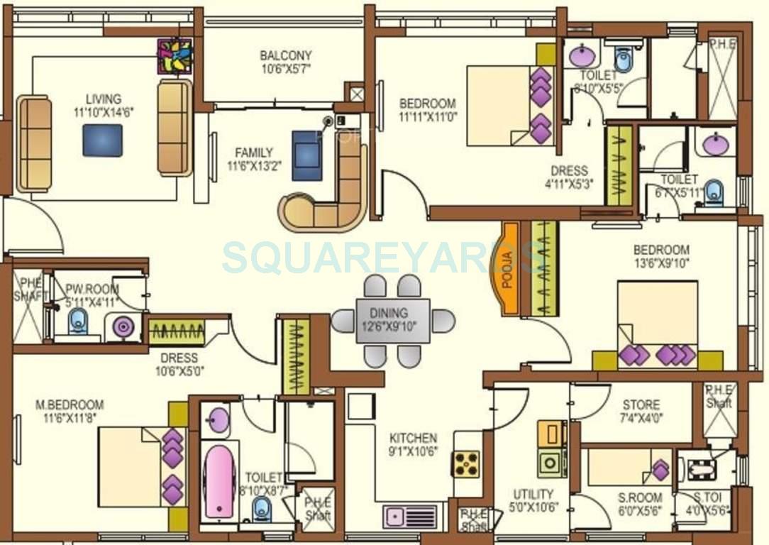 Floor plan of 3 BHK 2091 Sq. Ft. Apartment in Lanco Infrastructure Lanco Hills Apartments, Hyderabad