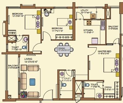 Floor plan of 3 BHK 2765 Sq. Ft. Apartment in Lanco Infrastructure Lanco Hills Apartments, Hyderabad