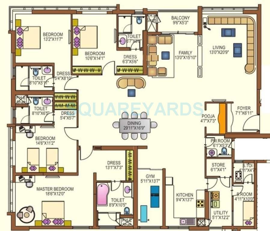 Floor plan of 4 BHK 3659 Sq. Ft. Apartment in Lanco Infrastructure Lanco Hills Apartments, Hyderabad