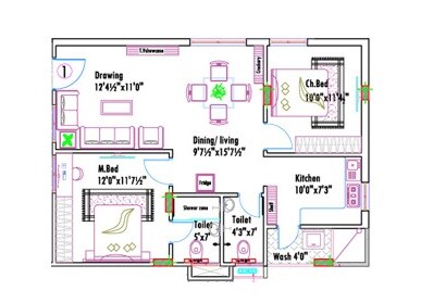 Floor plan of 2 BHK 1177 Sq. Ft. Apartment in LandIndia Grandeur, Hyderabad