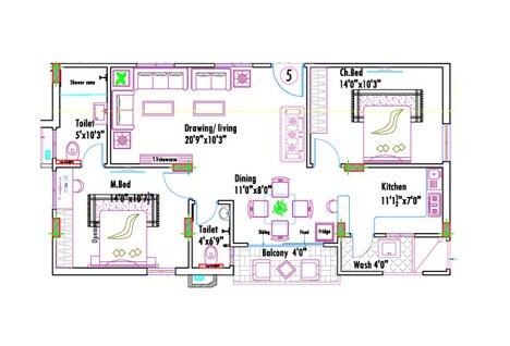 Floor plan of 2 BHK 1220 Sq. Ft. Apartment in LandIndia Grandeur, Hyderabad