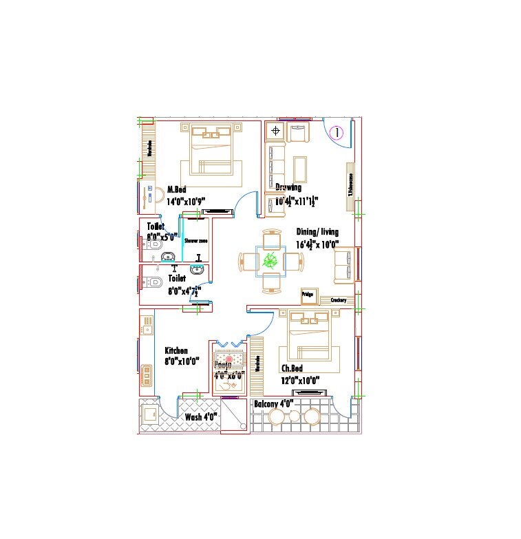Floor plan of 2 BHK 1200 Sq. Ft. Apartment in LandIndia River Front, Hyderabad