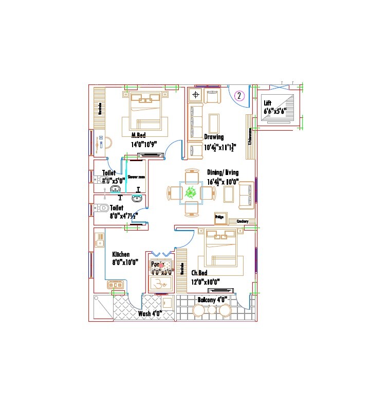 Floor plan of 2 BHK 1285 Sq. Ft. Apartment in LandIndia River Front, Hyderabad