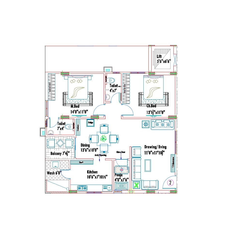 Floor plan of 3 BHK 1580 Sq. Ft. Apartment in LandIndia River Front, Hyderabad