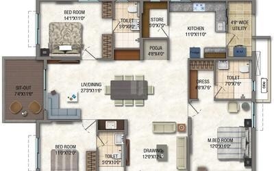 Floor plan of 3 BHK 1765 Sq. Ft. Apartment in Lansum Eden Gardens, Hyderabad
