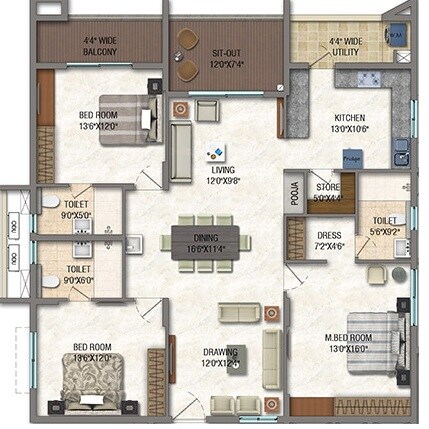 Floor plan of 3 BHK 2160 Sq. Ft. Apartment in Lansum Eden Gardens, Hyderabad