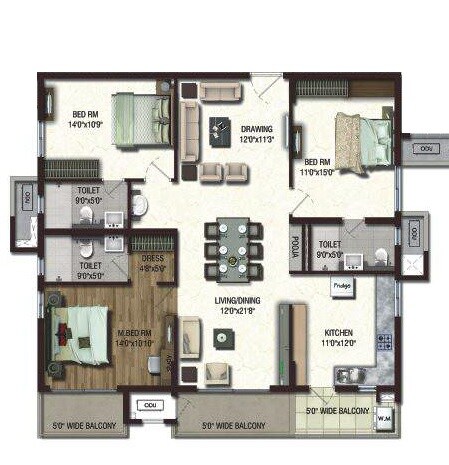 Floor plan of 3 BHK 1890 Sq. Ft. Apartment in Lansum Etania, Hyderabad