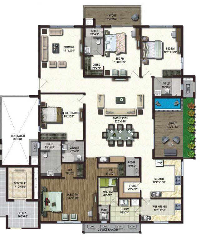 Floor plan of 4 BHK 4085 Sq. Ft. Apartment in Lansum Etania, Hyderabad