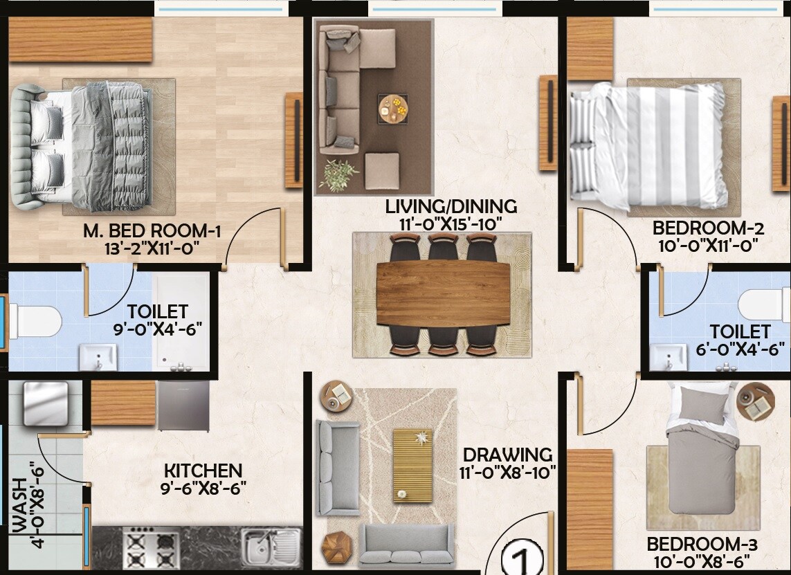 Floor plan of 3 BHK 1493 Sq. Ft. Apartment in Lavista Waterfront, Hyderabad