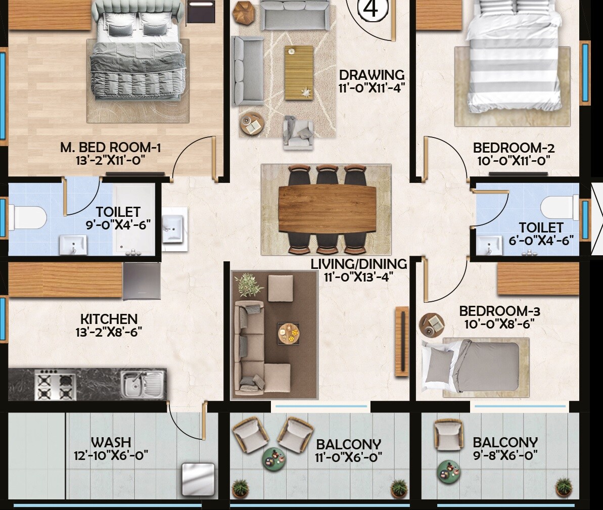 Floor plan of 3 BHK 1813 Sq. Ft. Apartment in Lavista Waterfront, Hyderabad