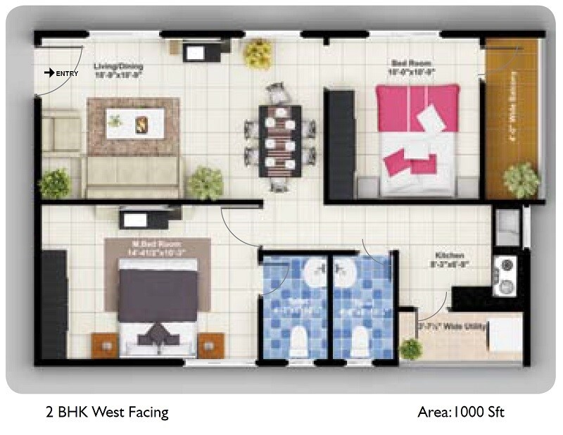 Floor plan of 2 BHK 1000 Sq. Ft. Apartment in Laxmi Bandari Blossoms, Hyderabad