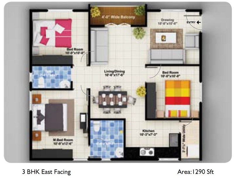 Floor plan of 3 BHK 1290 Sq. Ft. Apartment in Laxmi Bandari Blossoms, Hyderabad
