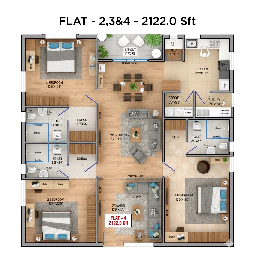 3 BHK 2122 Sq. Ft. Apartment