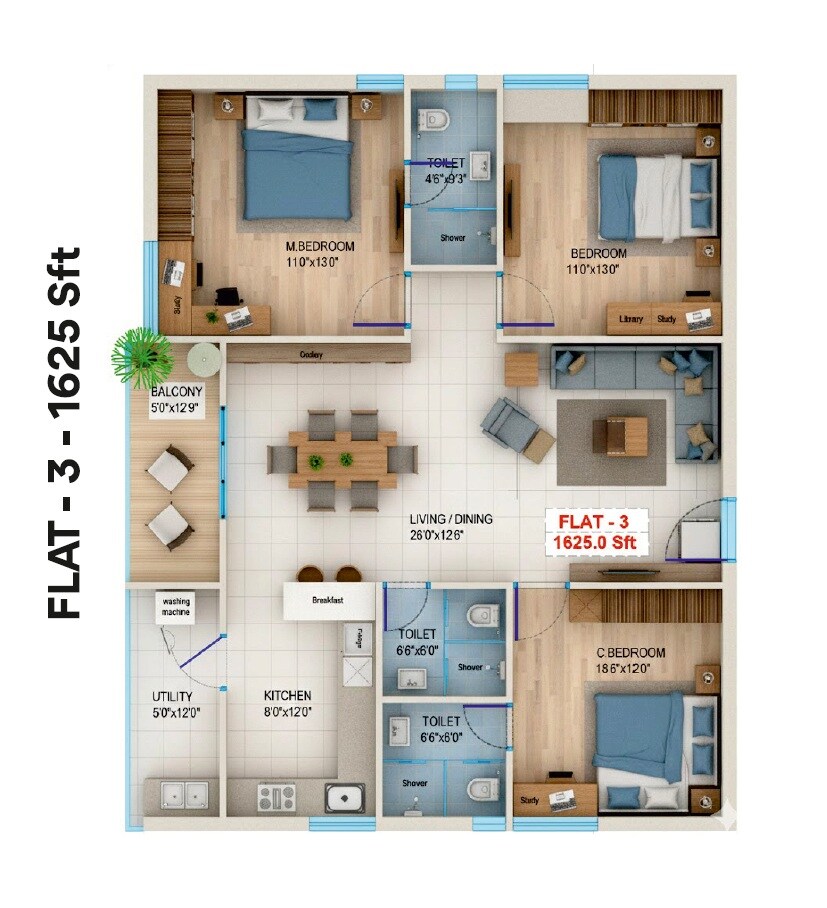 Floor plan of 3 BHK 1625 Sq. Ft. Apartment in Laxmi Vibha Nivas, Hyderabad