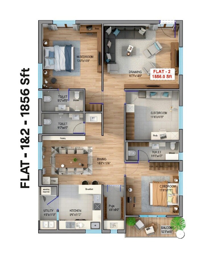 Floor plan of 3 BHK 1856 Sq. Ft. Apartment in Laxmi Vibha Nivas, Hyderabad