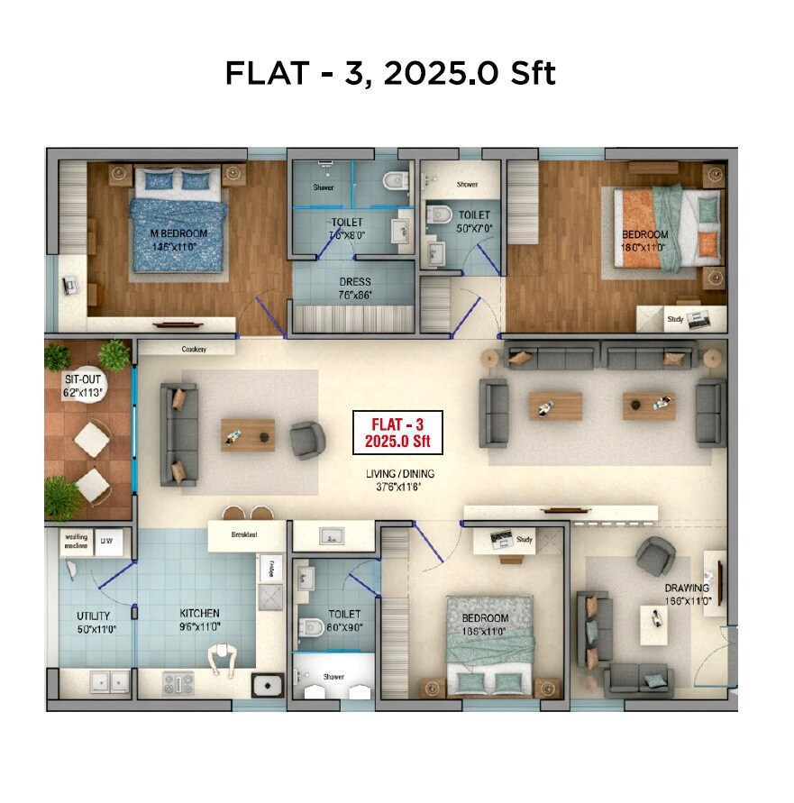 Floor plan of 3 BHK 2025 Sq. Ft. Apartment in Laxmi Vivekananda Residency, Hyderabad