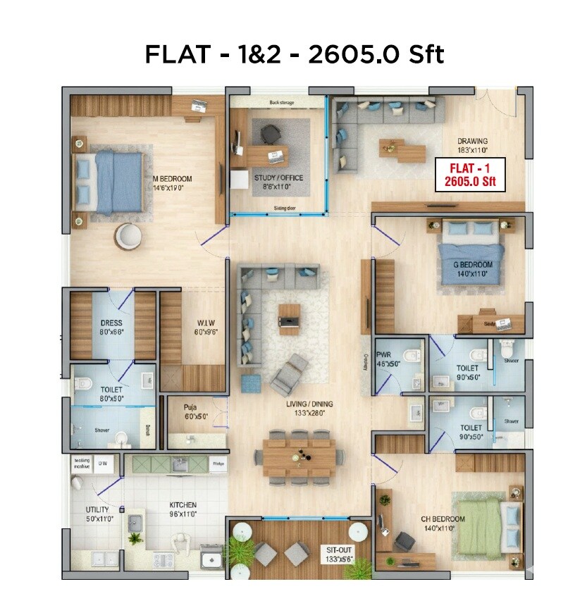 Floor plan of 3 BHK 2605 Sq. Ft. Apartment in Laxmi Vivekananda Residency, Hyderabad