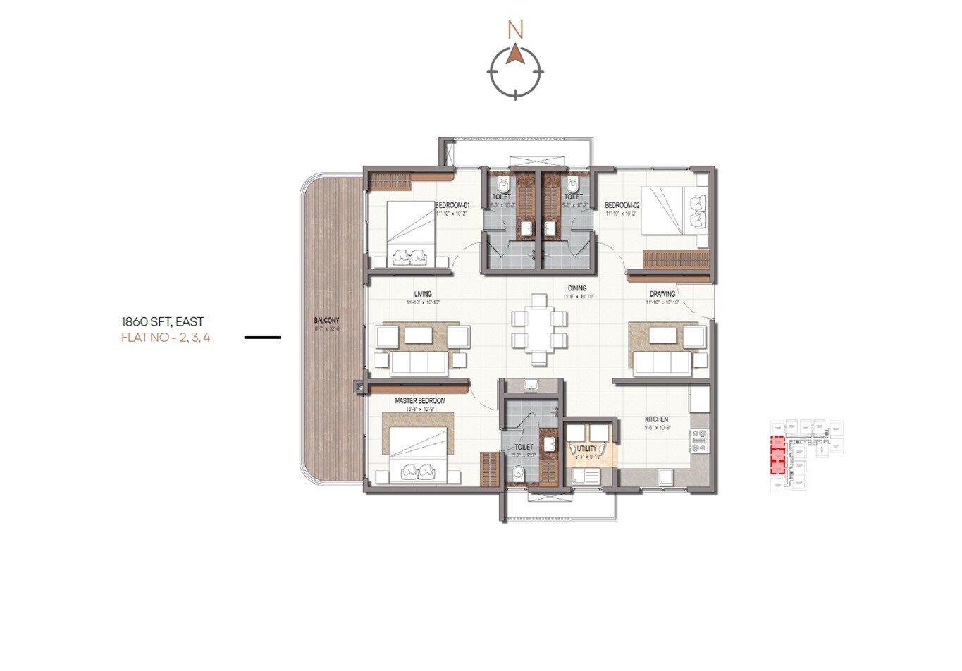 Floor plan of 3 BHK 1860 Sq. Ft. Apartment in League The Overlook, Hyderabad