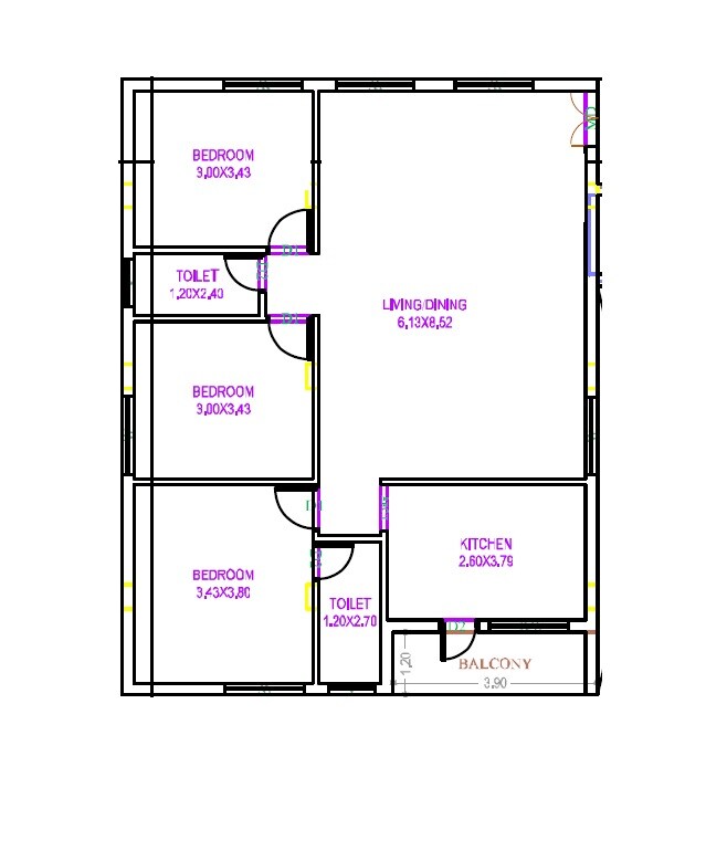 Floor plan of 3 BHK 1281 Sq. Ft. Apartment in Leela Arcade, Hyderabad
