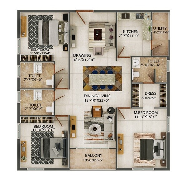 Floor plan of 3 BHK 1750 Sq. Ft. Apartment in Legalas Doyen Ascent, Hyderabad