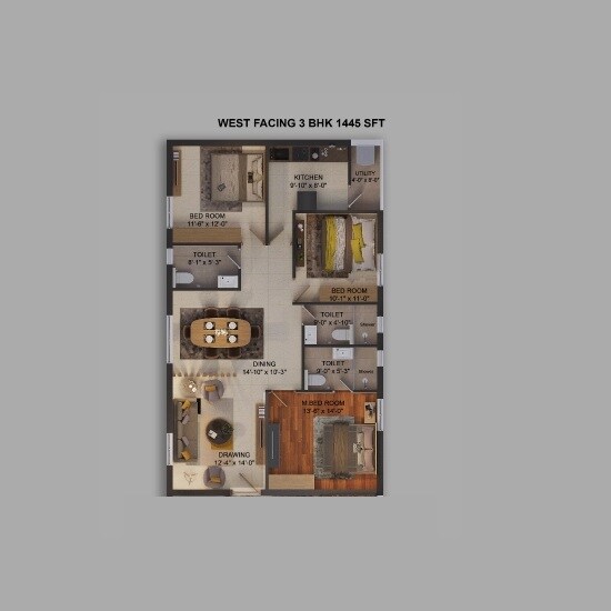 Floor plan of 3 BHK 1445 Sq. Ft. Apartment in Legalas Doyen Ascent Cardinal, Hyderabad