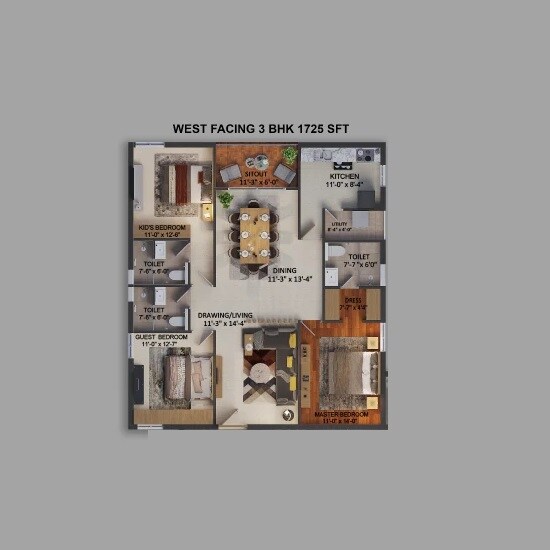 Floor plan of 3 BHK 1725 Sq. Ft. Apartment in Legalas Doyen Ascent Flamingo, Hyderabad