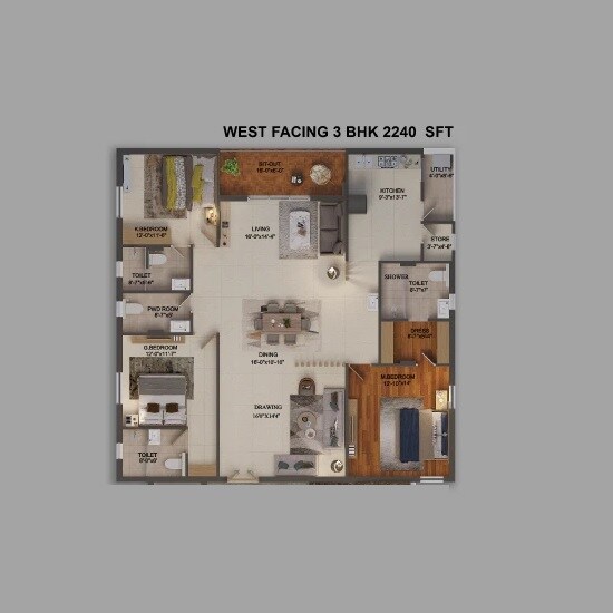 Floor plan of 3 BHK 2240 Sq. Ft. Apartment in Legalas Doyen Ascent Flamingo, Hyderabad