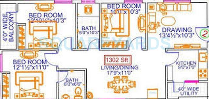 Floor plan of 3 BHK 1302 Sq. Ft. Apartment in Legend Anthem, Hyderabad