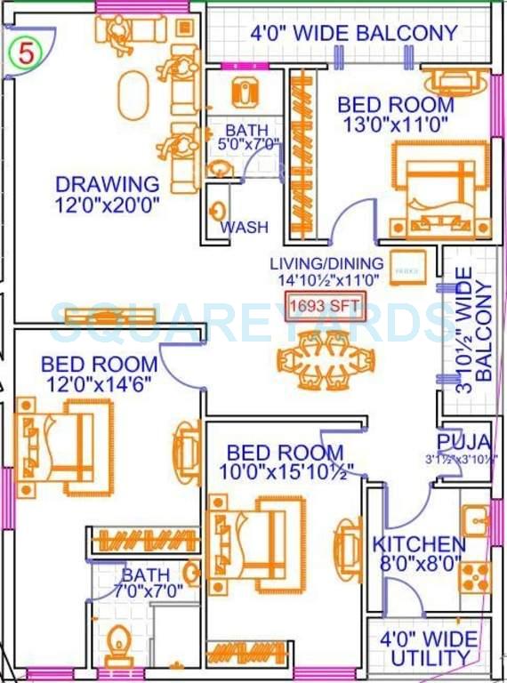 Floor plan of 3 BHK 1693 Sq. Ft. Apartment in Legend Anthem, Hyderabad
