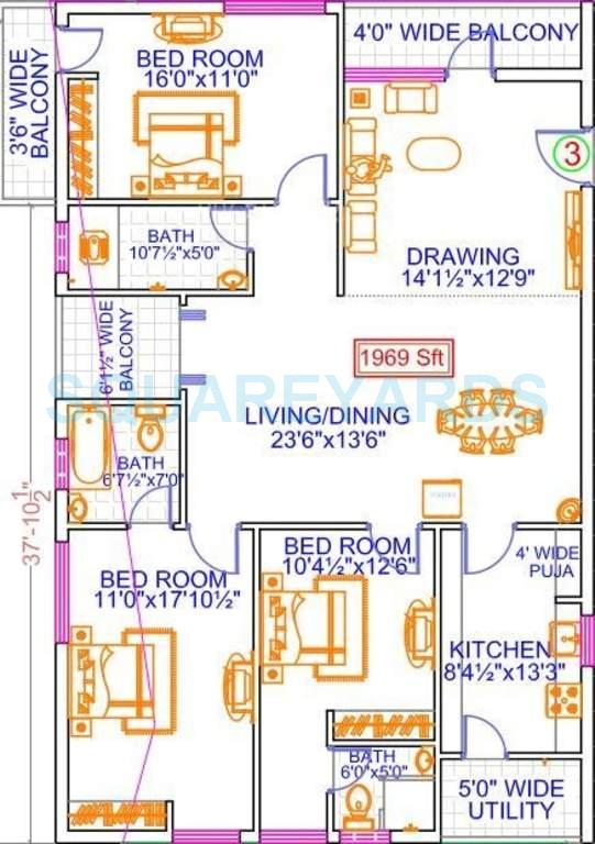 Floor plan of 3 BHK 1969 Sq. Ft. Apartment in Legend Anthem, Hyderabad