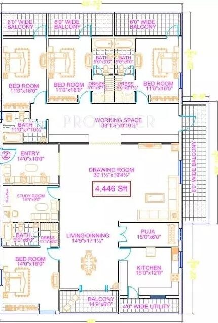 Floor plan of 4 BHK 4446 Sq. Ft. Apartment in Legend Chawla, Hyderabad