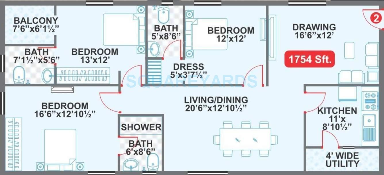 Floor plan of 3 BHK 1754 Sq. Ft. Apartment in Legend Cyrus, Hyderabad