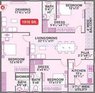 Floor plan of 3 BHK 1910 Sq. Ft. Apartment in Legend Cyrus, Hyderabad