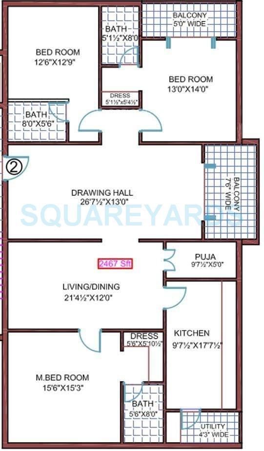 Floor plan of 3 BHK 2467 Sq. Ft. Apartment in Legend Exotica, Hyderabad