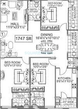 Floor plan of 3 BHK 1747 Sq. Ft. Apartment in Legend Flora, Hyderabad