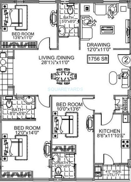 Floor plan of 3 BHK 1756 Sq. Ft. Apartment in Legend Flora, Hyderabad
