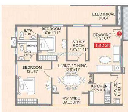 Floor plan of 2 BHK 1312 Sq. Ft. Apartment in Legend Galaxy, Hyderabad
