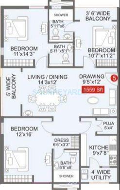 Floor plan of 3 BHK 1559 Sq. Ft. Apartment in Legend Galaxy, Hyderabad