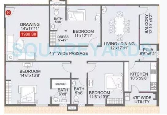 Floor plan of 3 BHK 1817 Sq. Ft. Apartment in Legend Galaxy, Hyderabad