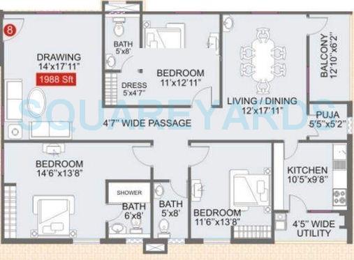 Floor plan of 3 BHK 1988 Sq. Ft. Apartment in Legend Galaxy, Hyderabad