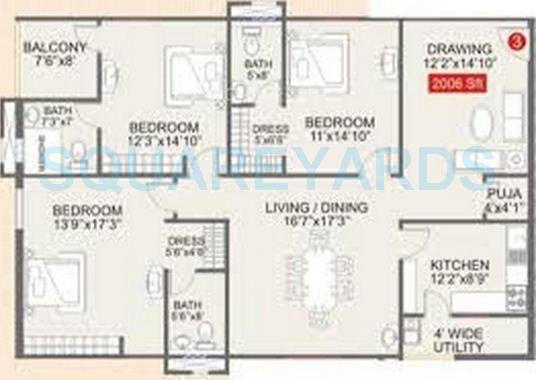 Floor plan of 3 BHK 2006 Sq. Ft. Apartment in Legend Galaxy, Hyderabad