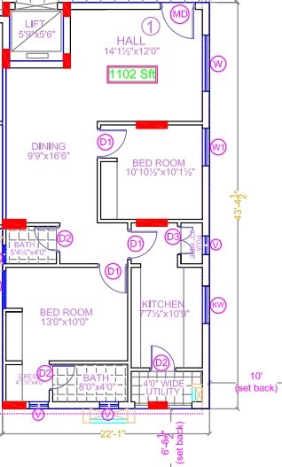 Floor plan of 2 BHK 1102 Sq. Ft. Apartment in Legend Gulati, Hyderabad