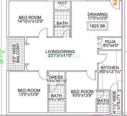 Floor plan of 3 BHK 1796 Sq. Ft. Apartment in Legend Happy Nest, Hyderabad