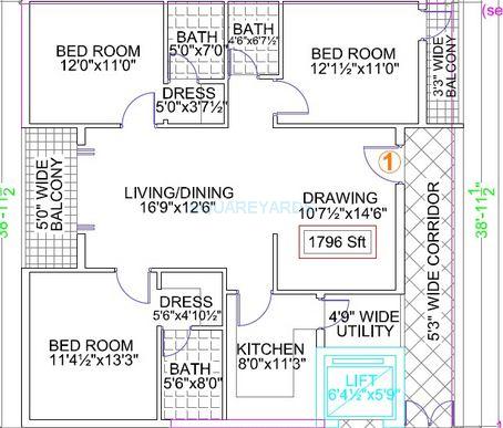 Floor plan of 3 BHK 1823 Sq. Ft. Apartment in Legend Happy Nest, Hyderabad